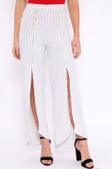 White Striped High Waist Split Front Flare Trousers - Reana-Trousers