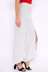 White Striped High Waist Split Front Flare Trousers - Reana-Trousers