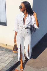 White Striped High Waist Split Front Flare Trousers - Reana-Trousers