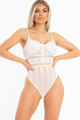 White Striped Lace Detail Cupped Bodysuit - Mollie-Bodysuits