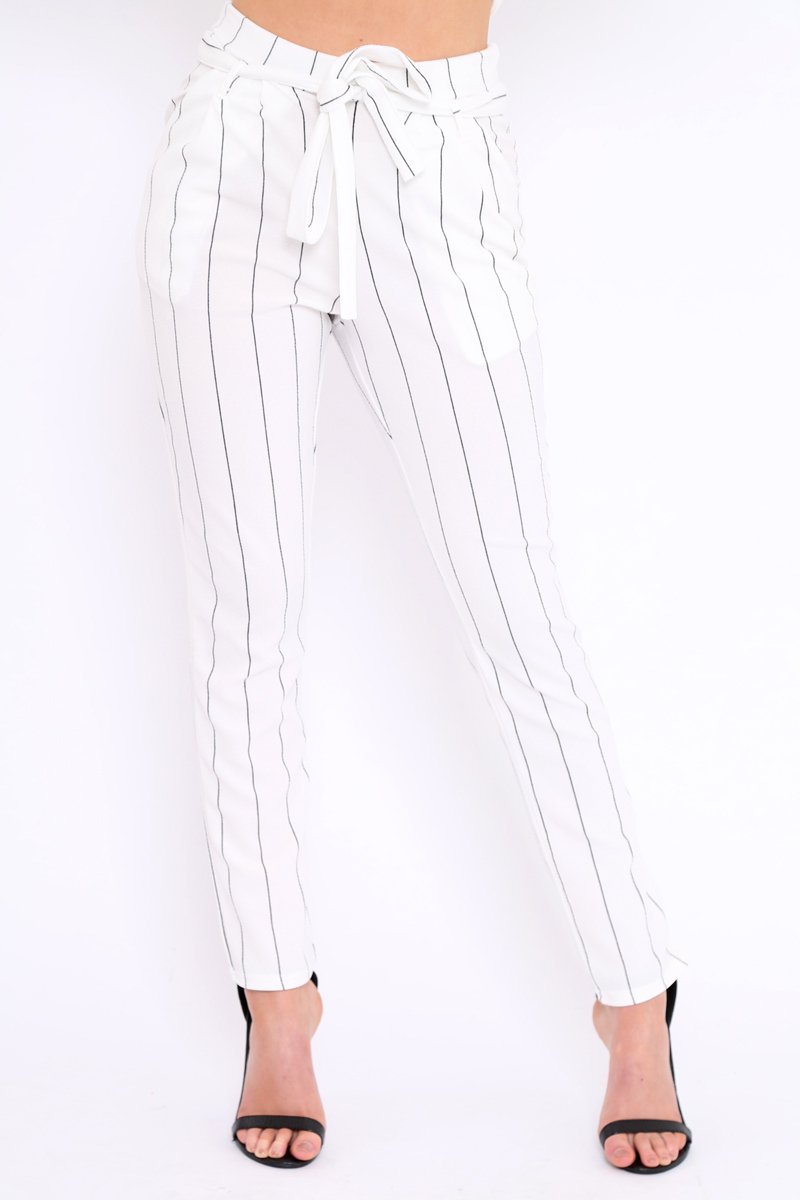 White Striped Long Wide Leg Trousers - Danniella-Trousers