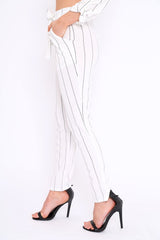 White Striped Long Wide Leg Trousers - Danniella-Trousers