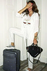 White Striped Long Wide Leg Trousers - Danniella-Trousers