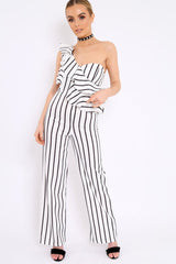 White Striped One Shoulder Ruffle Jumpsuit - Shelley-Jumpsuits