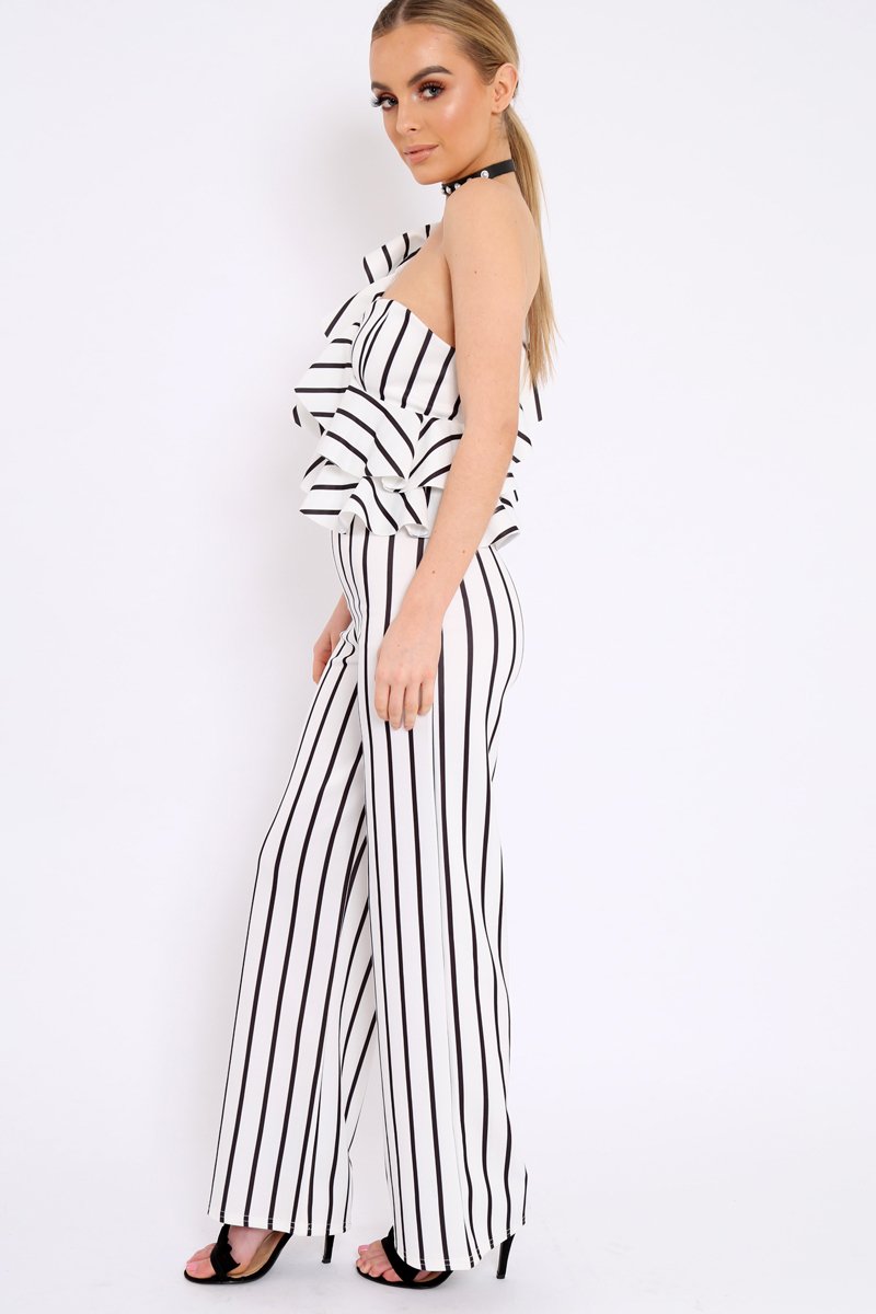 White Striped One Shoulder Ruffle Jumpsuit - Shelley-Jumpsuits