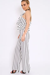 White Striped One Shoulder Ruffle Jumpsuit - Shelley-Jumpsuits