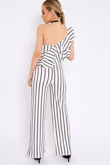 White Striped One Shoulder Ruffle Jumpsuit - Shelley-Jumpsuits