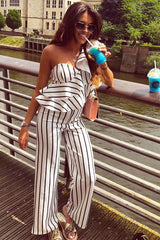 White Striped One Shoulder Ruffle Jumpsuit - Shelley-Jumpsuits