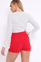 White Striped Plunge Tie Front Flare Sleeve Crop Top - Aimi-Crop Tops