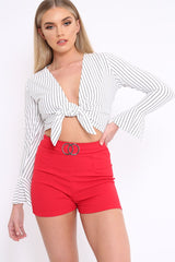 White Striped Plunge Tie Front Flare Sleeve Crop Top - Aimi-Crop Tops