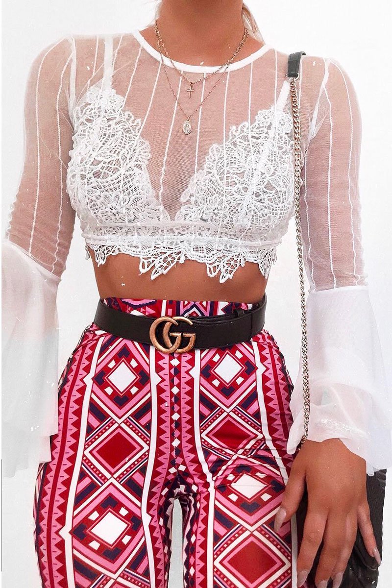 White Striped Sheer Crop Top with Flare Sleeves - Kaisey-Crop Tops