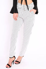 White Striped Tie Waist Cigarette Trousers - Candice-Trousers