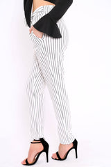 White Striped Tie Waist Cigarette Trousers - Candice-Trousers