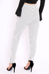 White Striped Tie Waist Cigarette Trousers - Candice-Trousers