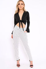 White Striped Tie Waist Cigarette Trousers - Candice-Trousers