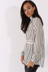 White Striped Tie Waist Open Back Shirt - Carina-Shirts