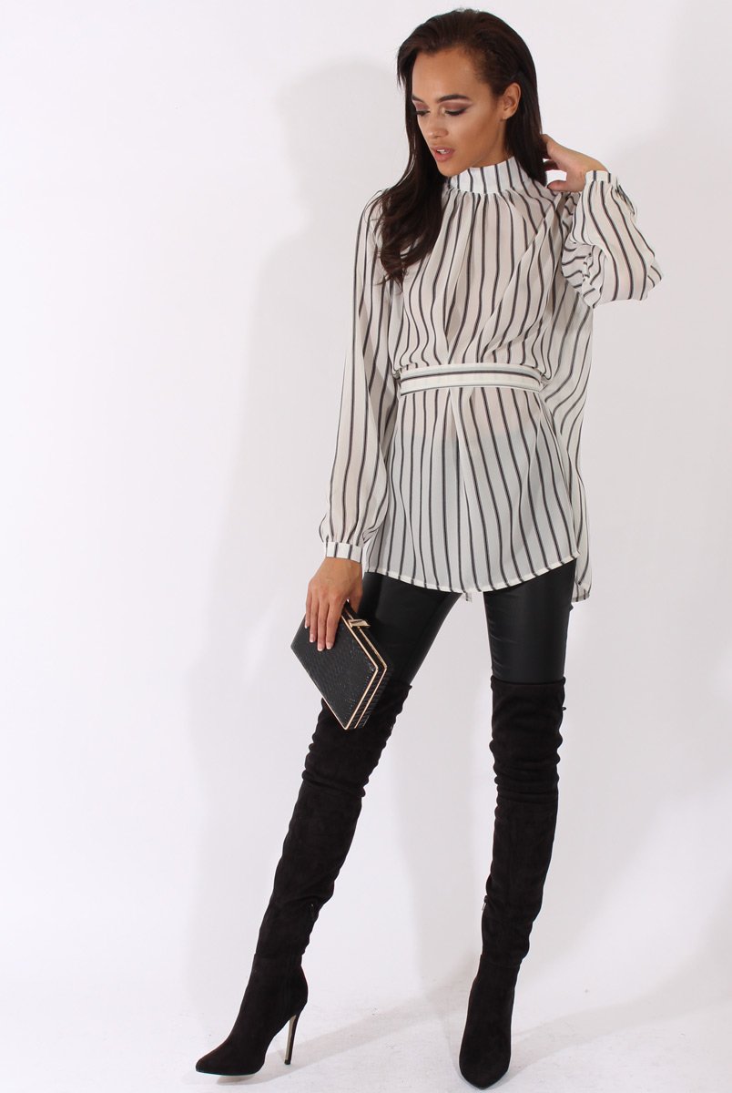 White Striped Tie Waist Open Back Shirt - Carina-Shirts