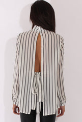 White Striped Tie Waist Open Back Shirt - Carina-Shirts