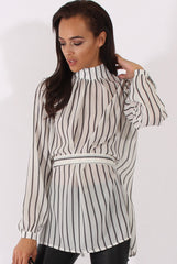White Striped Tie Waist Open Back Shirt - Carina-Shirts