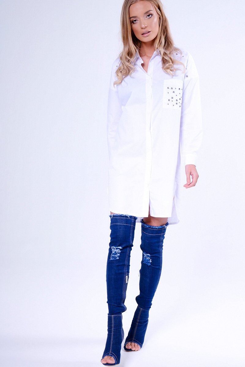 White Stud Detail Oversized Shirt Dress - Ivona-Dresses