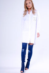 White Stud Detail Oversized Shirt Dress - Ivona-Dresses