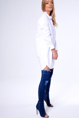 White Stud Detail Oversized Shirt Dress - Ivona-Dresses