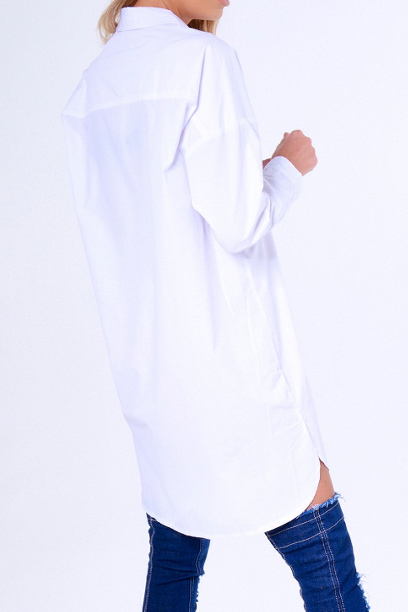 White Stud Detail Oversized Shirt Dress - Ivona-Dresses