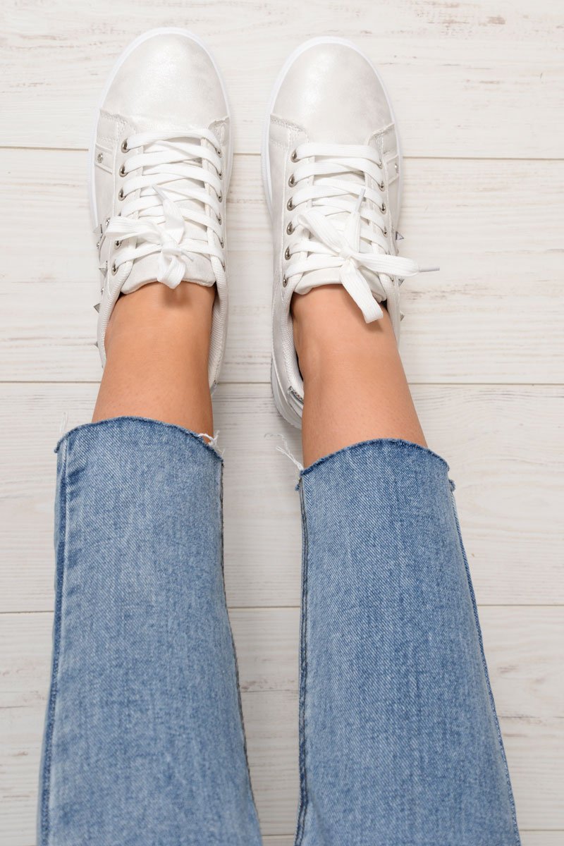 White Studded Lace Up Trainers - Ada-Trainers