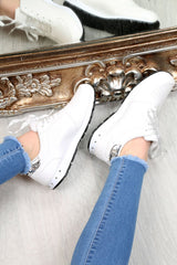 White Studded Ribbon Lace Up Trainers - Mckynley-Trainers