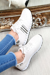 White Studded Ribbon Lace Up Trainers - Mckynley-Trainers