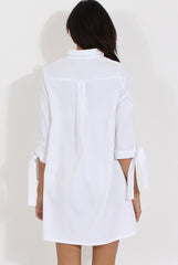 White Suede Tie Cuff Oversized Shirt Dress - Deborah-Dresses