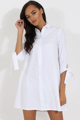 White Suede Tie Cuff Oversized Shirt Dress - Deborah-Dresses