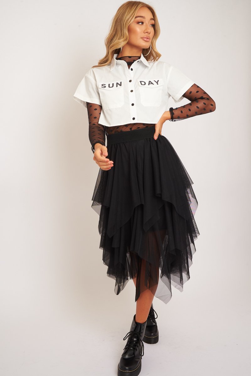 White Sunday Slogan Cropped Shirt - Blaike-Shirts