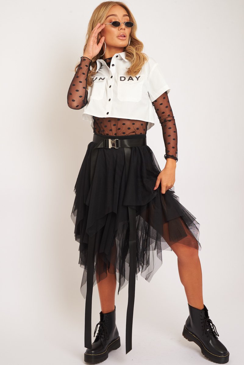 White Sunday Slogan Cropped Shirt - Blaike-Shirts
