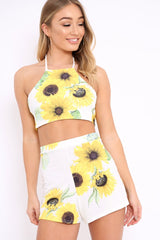 White Sunflower Print Halterneck Top and Shorts Co-ord - Abbygail-Co-ords