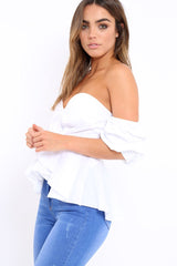 White Sweet Heart Bardot Top with Ruched Sleeves - Kinza-Tops