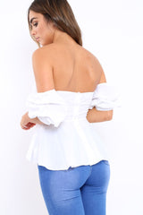 White Sweet Heart Bardot Top with Ruched Sleeves - Kinza-Tops