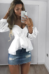 White Sweet Heart Bardot Top with Ruched Sleeves - Kinza-Tops