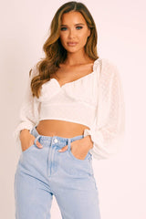 White Swiss Dot Frill Trim Crop Top - Mena-Crop Tops