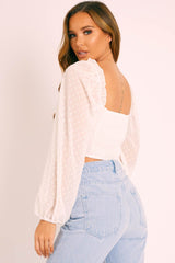 White Swiss Dot Frill Trim Crop Top - Mena-Crop Tops