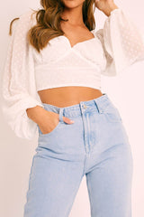 White Swiss Dot Frill Trim Crop Top - Mena-Crop Tops