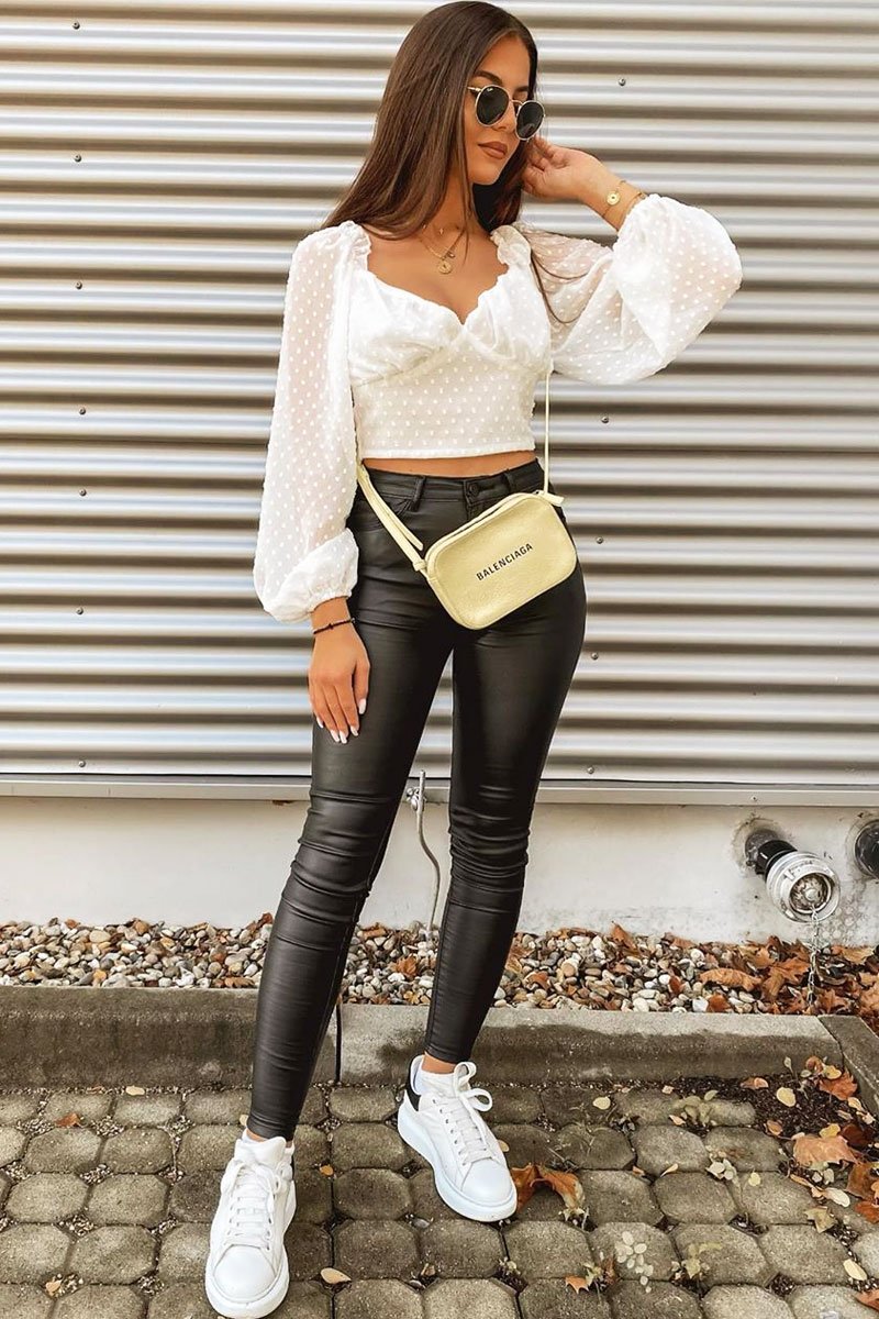 White Swiss Dot Frill Trim Crop Top - Mena-Crop Tops