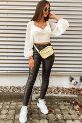 White Swiss Dot Frill Trim Crop Top - Mena-Crop Tops