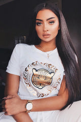White T-Shirt with Gold Tiger Design - Fay-Tops