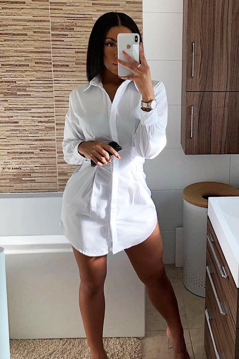 White Tailored Waist Long Sleeve Shirt Dress - Laritza-Dresses