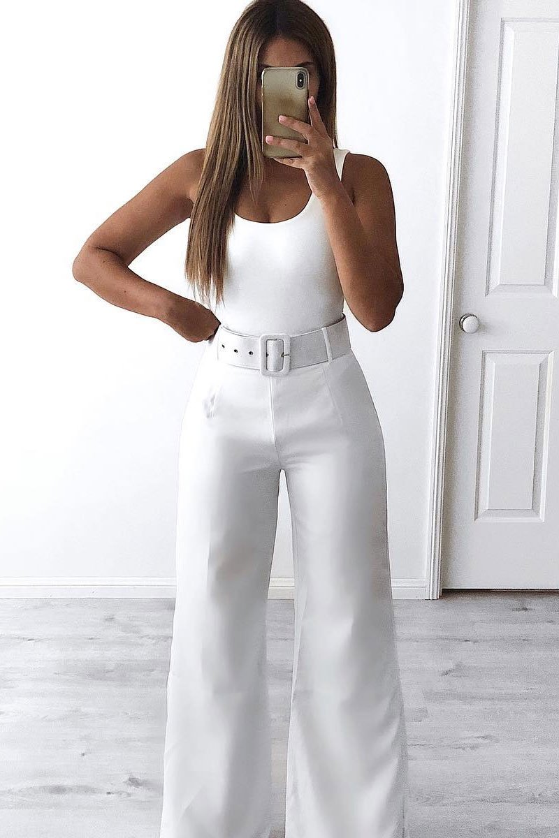 White Tailored Wide Leg Belted Trousers - Chenelle-Trousers