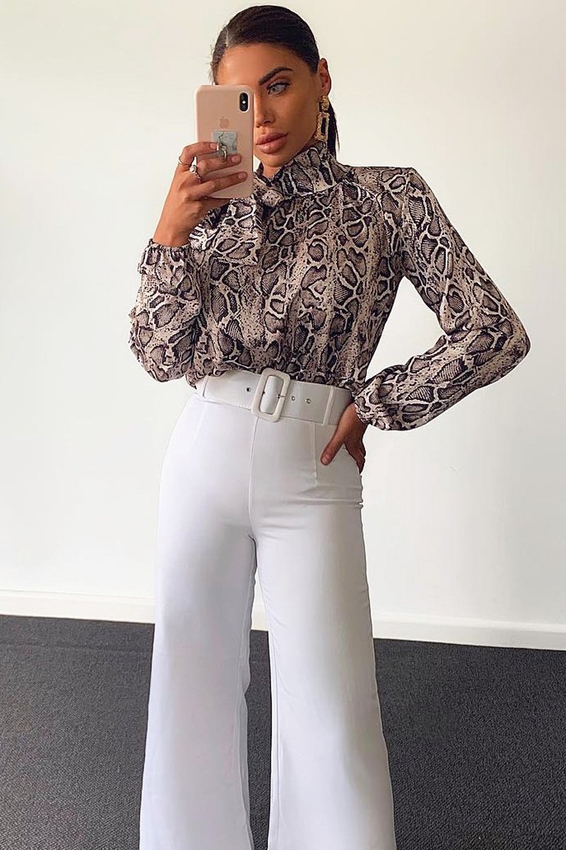 White Tailored Wide Leg Belted Trousers - Chenelle-Trousers