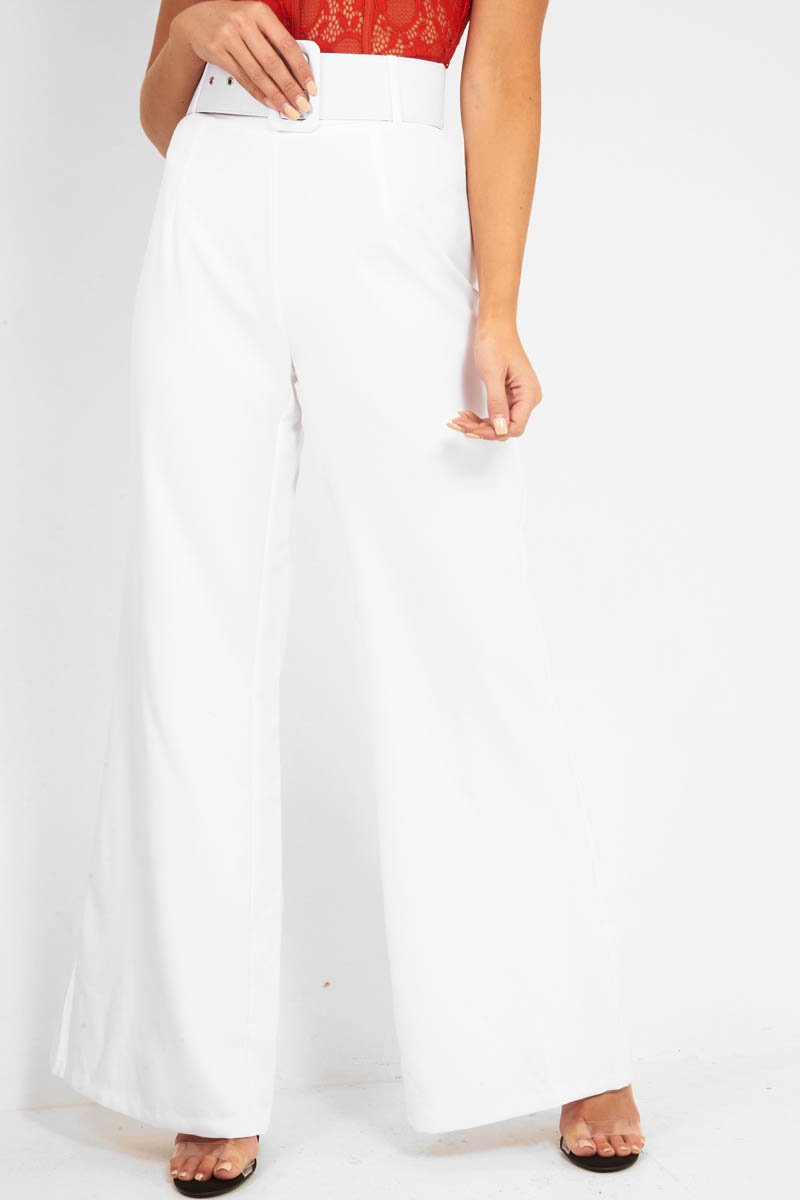 White Tailored Wide Leg Belted Trousers - Chenelle-Trousers