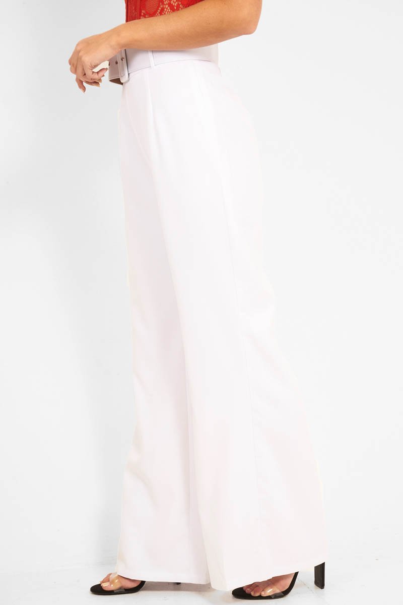 White Tailored Wide Leg Belted Trousers - Chenelle-Trousers