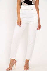 White Tapered Belted Cigarette Trousers - Myasia-Trousers